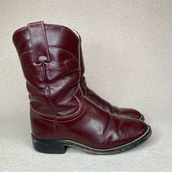 Justin Western Leather Cowboy Roper Boots-Kids 1-Oxblood/Maroon/Burgundy-Classic - Picture 4 of 11